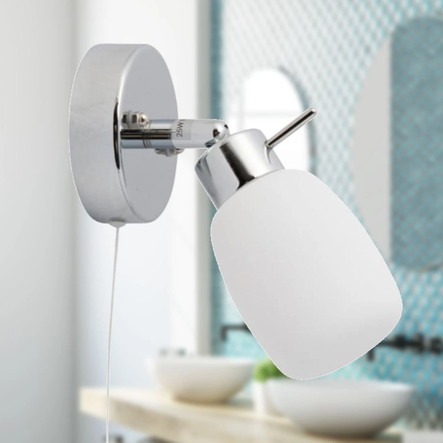 Contemporary bathroom wall light with practical pull cord switch