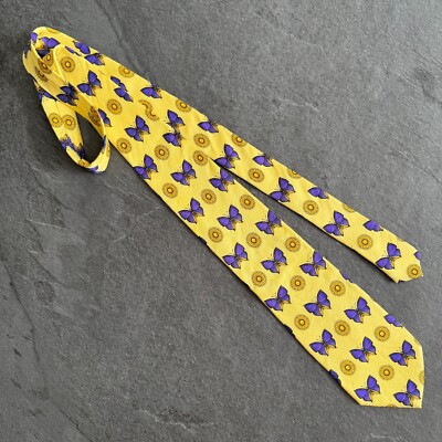 GIANNI VERSACE silk tie Butterfly print purple yellow & gold from