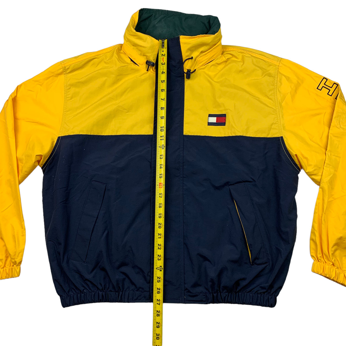 VTG Tommy Hilfiger Mens Full Zip Hooded Nautical Sailing Jacket Yellow/Navy  • XL