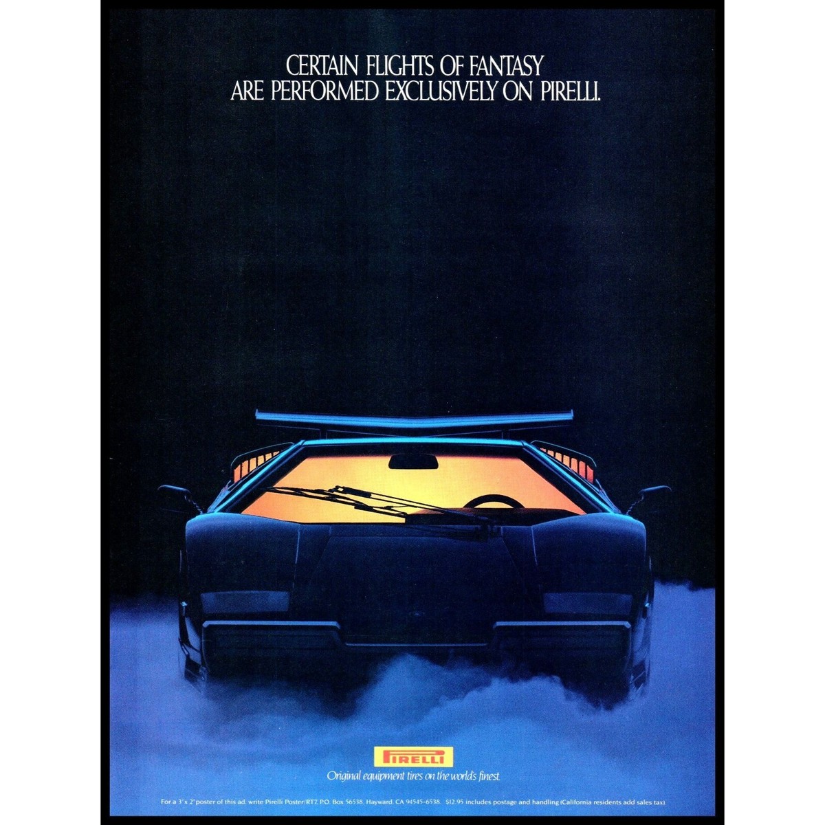 1989 Pirelli Tires Lamborghini Countach Vintage Print Ad Italian