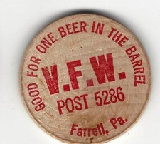V.F.W. VFW Post 5286, Farrell, Pennsylvania, Beer Token/Coin, RED Wooden Nickel
