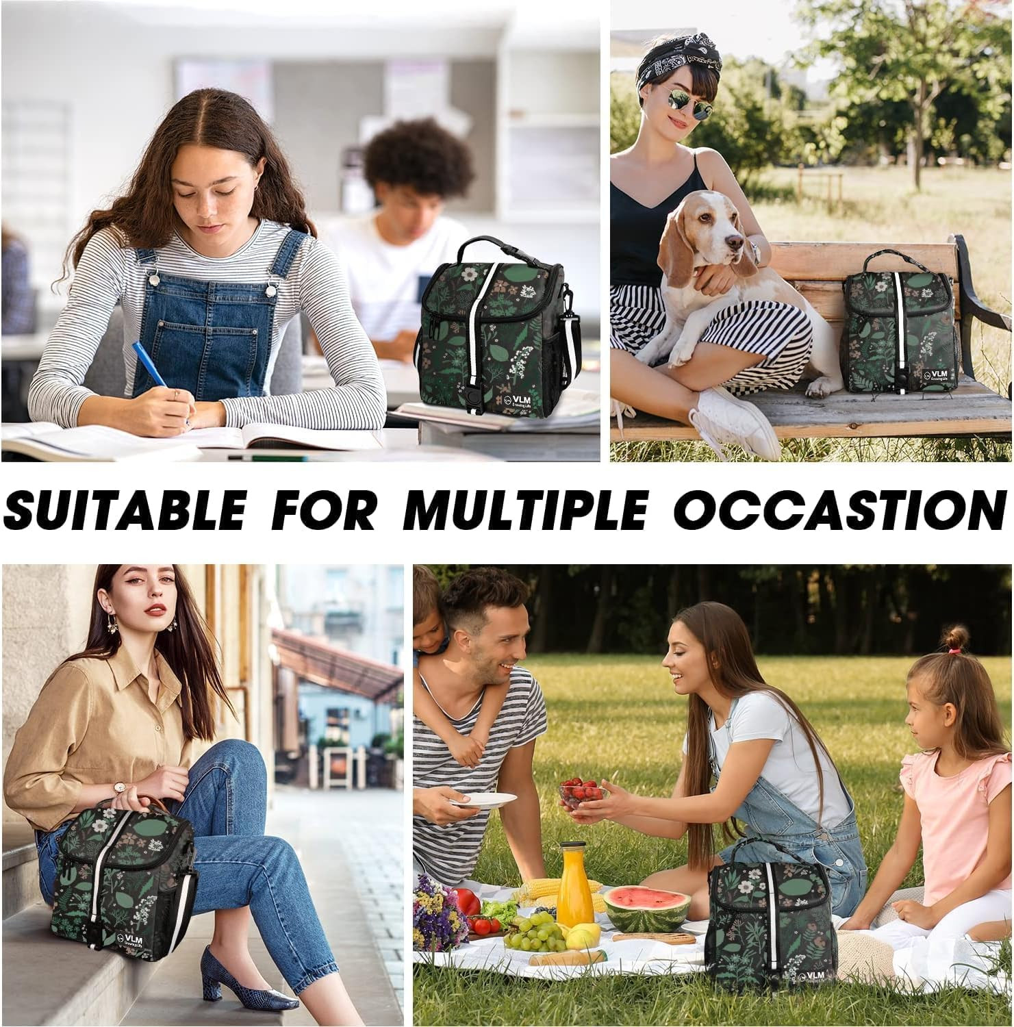 Insulated Lunch Box for Women with Adjustable Strap - Green Floral