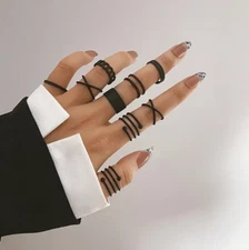 9pc Stackable Ring Set Alloy Geometry Spiral Rings Gothic Style Black Accessory