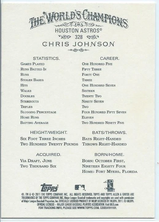 CHRIS JOHNSON 2011 TOPPS ALLEN AND GINTER - #328 SP - SHORT PRINT - Image 2 of 2