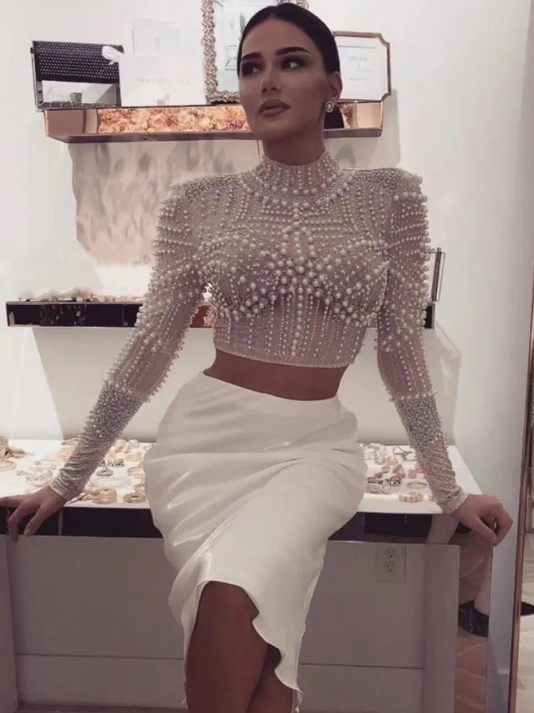 2024 new Women's Bead Net Long sleeved T-shirt Black Nude T-shirt top