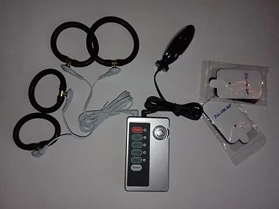ELECTRO ESTIM TENS E-STIM SET WITH CONTROL UNIT + 4 X CONDUCTIVE RINGS AND BI POLAR PLUG