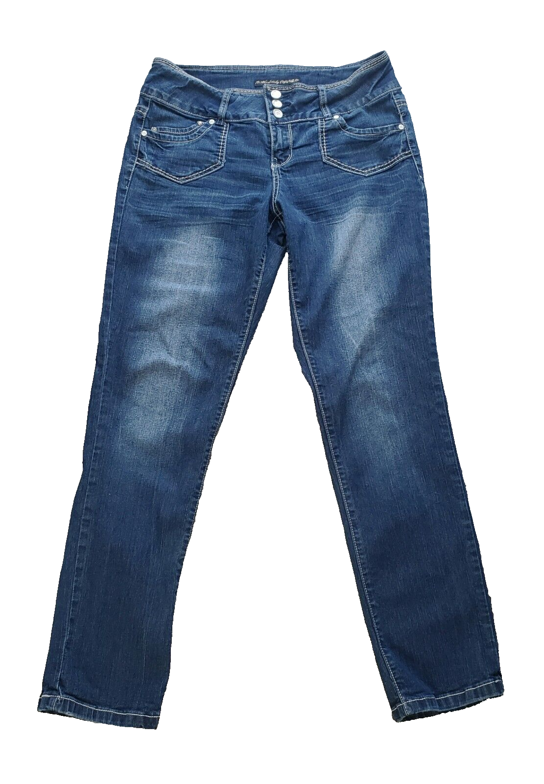 Almost Famous Women's Distressed Embroidered Straight Leg Jeans Size 10 33X30-image