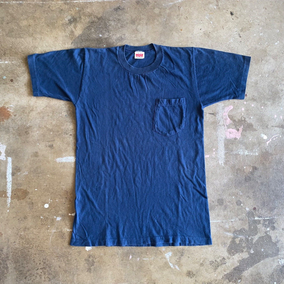 70s VINTAGE LEVI'S BLANK PLAIN POCKET T-SHIRT SZ S NAVY BLUE 60s