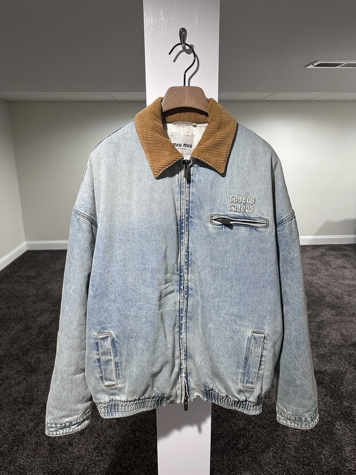 Miu Miu — Miu Miu FW24 Corduroy Collar Light Wash Denim Jacket