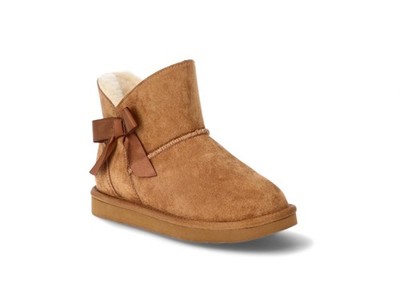 Girls Winter Ankel Boots Faux Suede Brown Bow Cozy Lined Slip on Shoes | NWB.