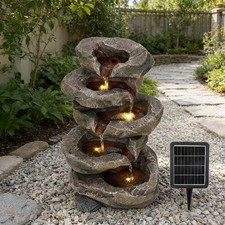Solar Powered Garden Water Feature Natural Slate Outdoor LED Cascading Waterfall