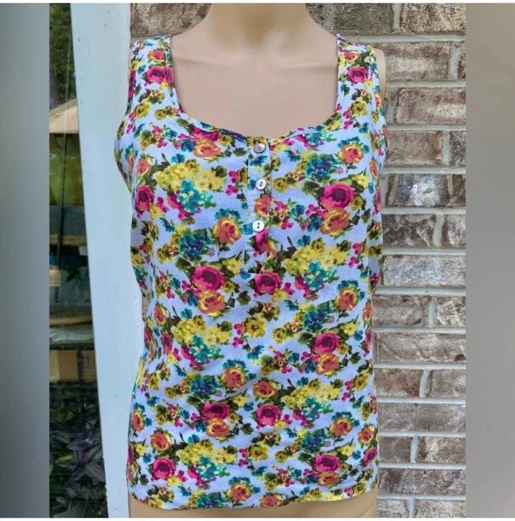 Camiseta sin mangas vintage para mujer Y2K XXI Forever 21 azul y arco iris floral talla mediana Foto 4 de 4