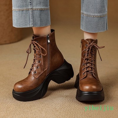 Women's Roman Ladies Ankle Boots Platform Thick Sole High Heel Leather Shoes New