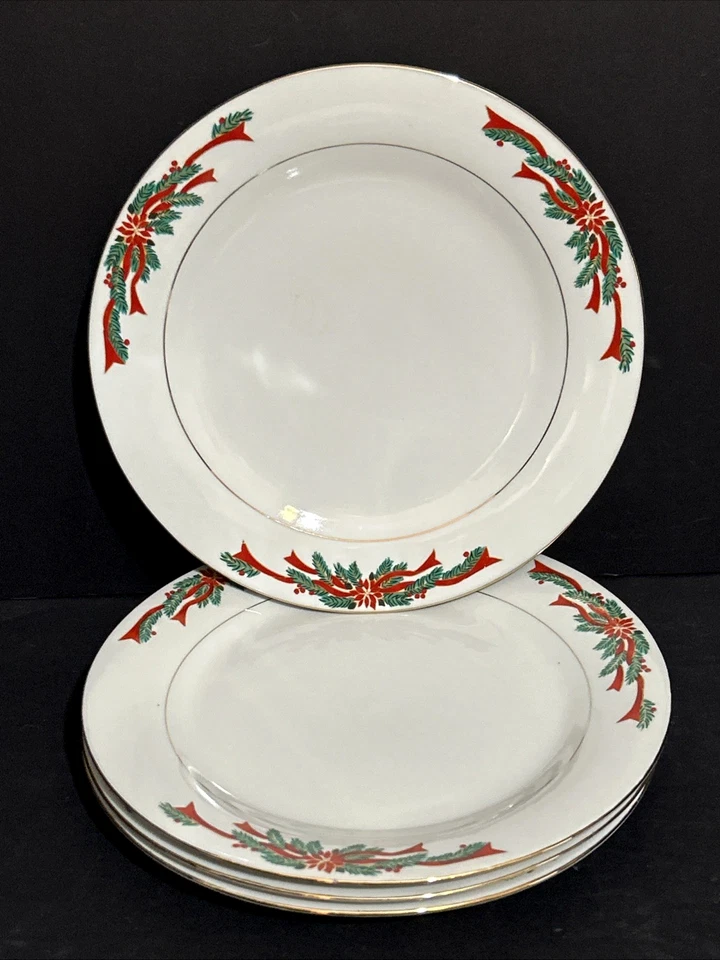 Vintage Poinsettia & Ribbons Christmas Red Ribbon 10.5" Dinner Plates Set of 4 - Image 2 of 4