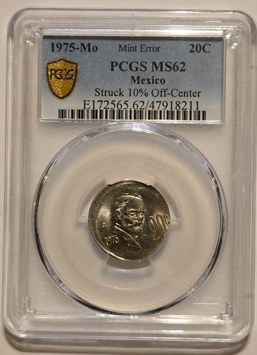1975-MO Mint Error 20c PCGS Grade MS62 Struck 10% Off Center. Shield NFC Holder