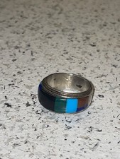 Vintage Southwestern Sterling Silver Multi Stone Inlay Wide Band Ring Size 6