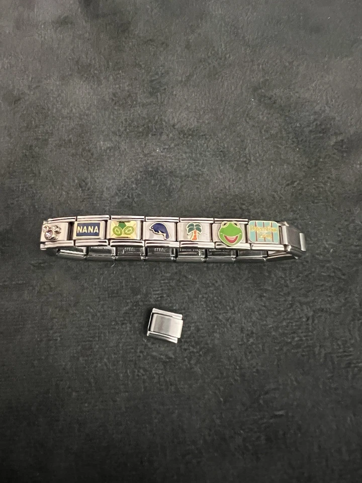 Pulsera Disney Italiana Eslabón Dije Mickey Mouse Kermit Delfín Palmera Foto 3 de 4