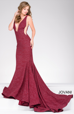 Jovani Prom Dress 4 Burgundy Red Glitter Jersey Mermaid Plunging V-Neck  Train | eBay