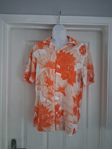 H&M mens orange Floral shirt small chest 38/40 Inch Holiday Casual Summer