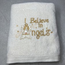 Vtg I Believe In Angels Christmas Bath Towel Embroidered Cream Gold Made In USA