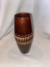 Vintage Wooden Hand Carved 2 Toned Brown Geometric Vase; 8 inches tall BOHO