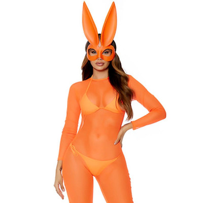 Sexy Bunny Costume Sheer Jumpsuit Mask Rabbit Ears Neon Orange 551618 XS/S