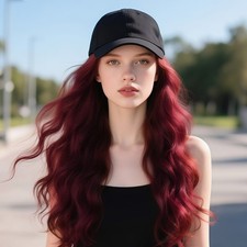 Black Baseball Cap Hair with Wavy Wigs,Wine Red Curly Wigs Hats Hair Attached