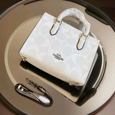 Coach Maggie Tote Handbag Signature Canvas Leather Chalk White Medium Size New