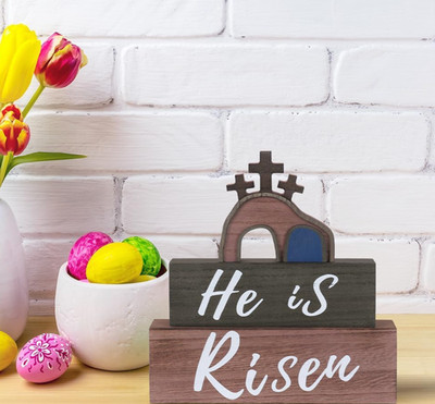 Easter Decorations, MEETYAMOR 3-Layered He is Risen Sign Cross Gifts Wood Block