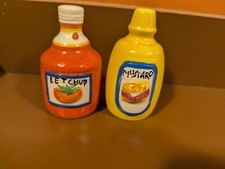 Picnic BBQ Style Ceramic Red Ketchup  Yellow Mustard Salt And Pepper Shakers