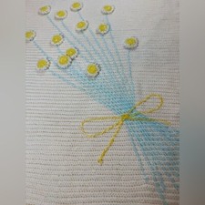 Handmade 80’s baby blanket / tapestry raised crochet flowers blue yellow white