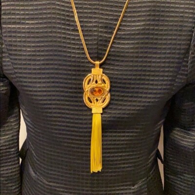 Collectible VINTAGE COUTURE ESCADA 90s AMBER GOLD DROP PENDANT 27  long NECKLACE