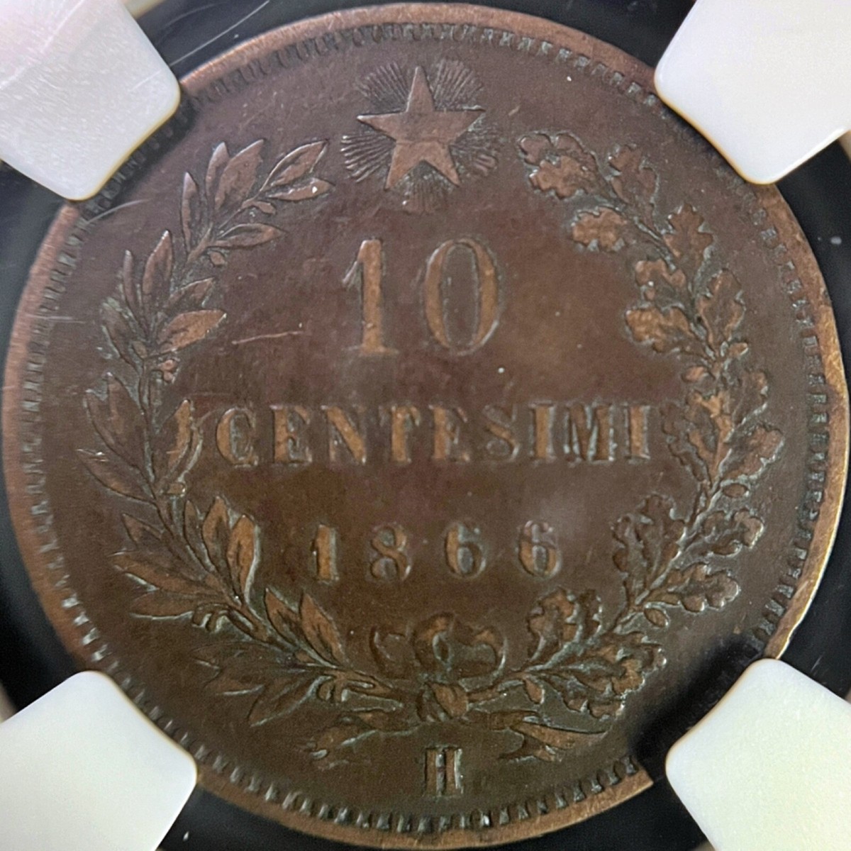 ITALY. 1866, 10 Centesimi, H - NGC VF35 - VEII, Laurel, Birmingham