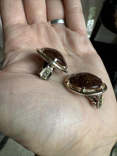 ❤️ ANTIQUE BROWN BAKELITE GOLD EARRINGS ClipOn Plum PINUP VLV ROCKABILLY VIVA LV - Picture 7 of 9