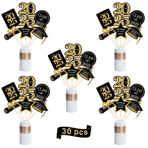 Graduation Decorations Class of 2025 - 30 Pack Black and Gold Grad Centerpiec...