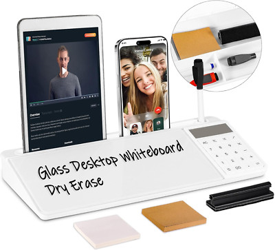 Desk Whiteboard Dry Erase Glass Desktop Whiteboard, Deskboard Buddy with Storage