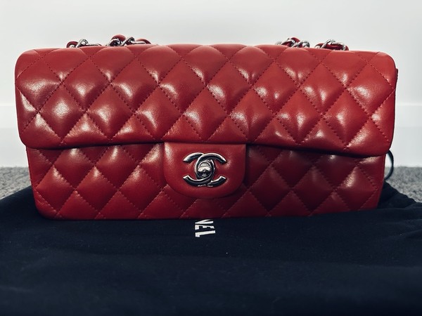 Authentic CHANEL Red Lambskin Leather Classic East West Flap Bag