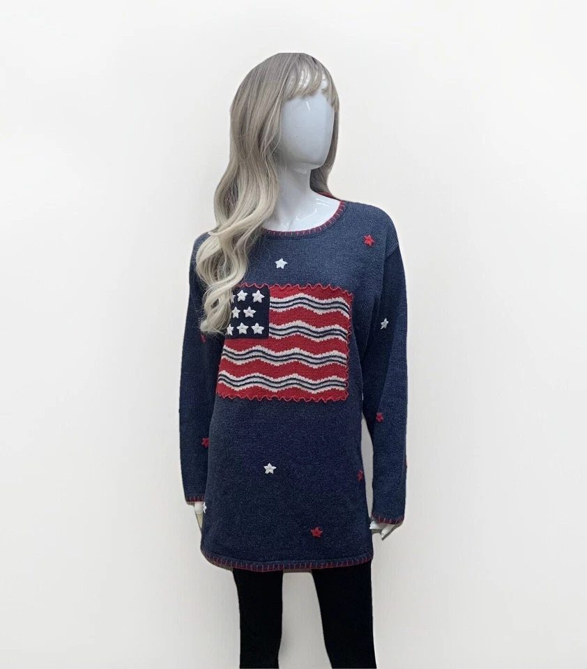 Vintage  Red Blue Quacker Factory Women's Sweater 1X American Pullover USA Flag - Image 2 of 4