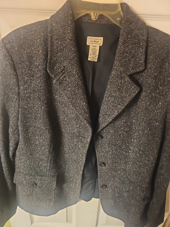 Vintage L.L. Chaqueta Bean Mujer X Grande Blazer Negro Gris Mezcla Lana Espiga Foto 2 de 4