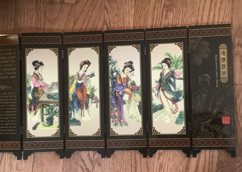 VTG Mini Oriental Folding Screen Divider Dual-Sided 6 Panel w/ Box 18.5" × 9.5"