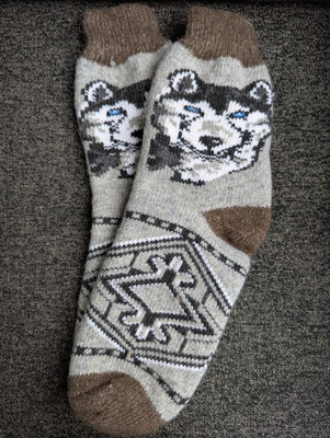 Men's socks, 100% Sheep's Wool ,  Chunky & Warm, , Print Wolf, size 12-13