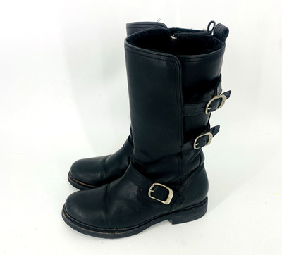 Frye Veronica Shearling Mid Moto Boots 7.5 B Black Leather Silver Buckles Edgy