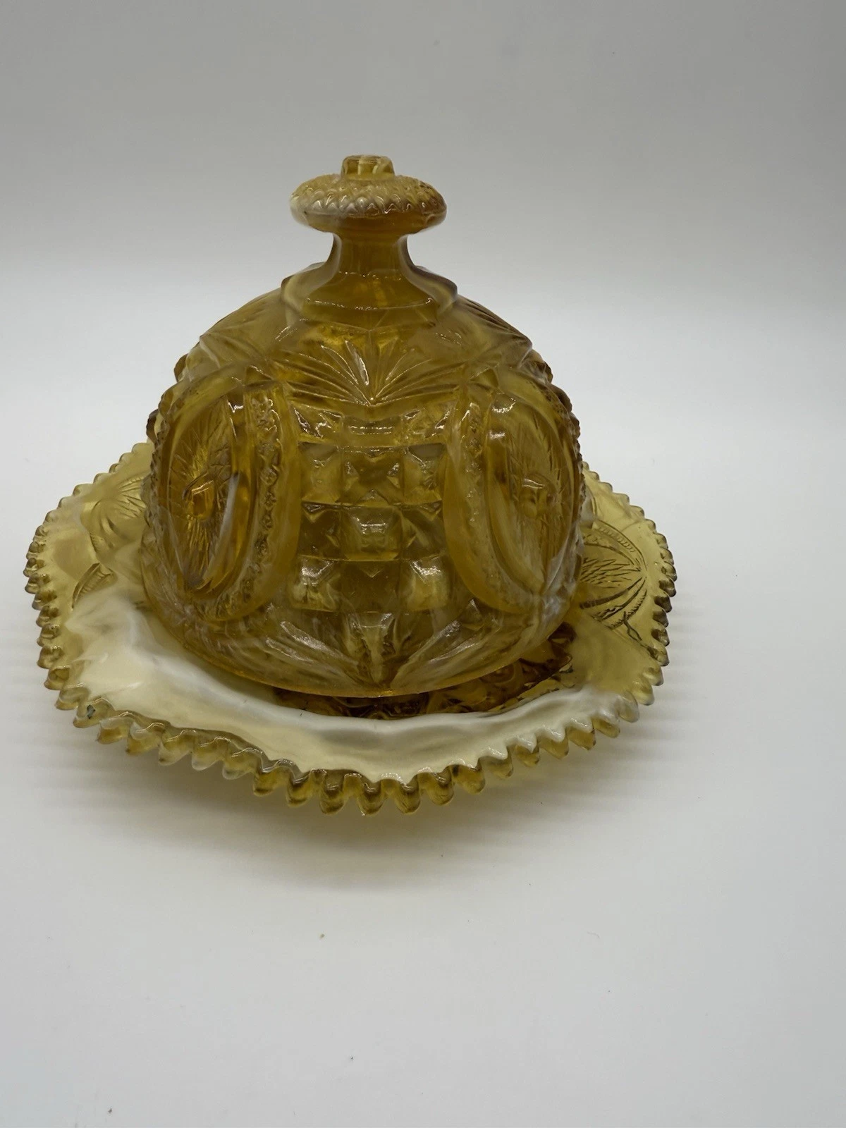 EAPG Northwood Covered Butter/ Cheese Dish Yellow & White Slag Glass
