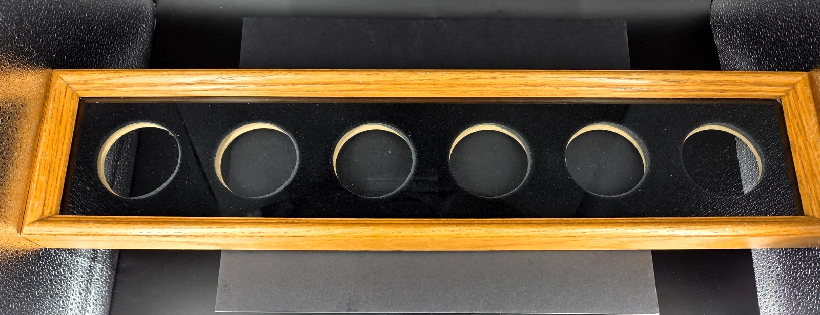 Vintage BUTTER PAT DISPLAY CASE 25"x 6” wood oak frame glass black velvet mat