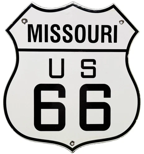 VINTAGE US ROUTE 66 MISSOURI PORCELAIN METAL HIGHWAY SIGN GAS MO OIL ROAD SHIELD