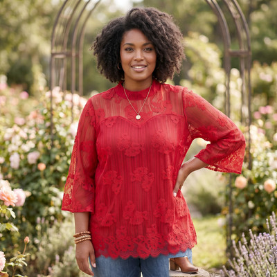 Shannon Ford Lace Top 2X Red Boho Chic Bell Sleeve High Neck Romantic Whimsigoth