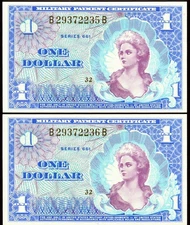 2 Consecutive MPC Series 661 Military Payment Certificate $1 Dollar Note UNC+