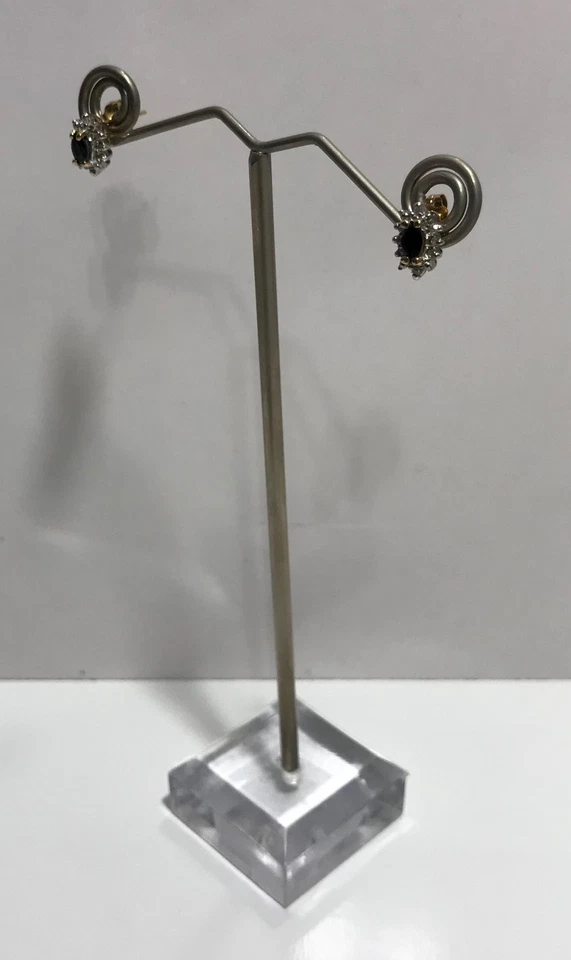 14K 双色金色侯爵夫人切割天然蓝色蓝宝石和钻石光环耳环 — 第 3/4 张图片