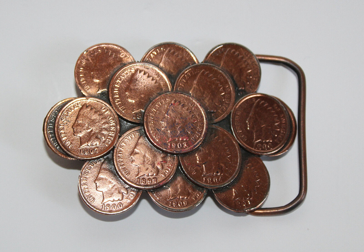 Vintage 1982 GREAT AMERICAN BUCKLE COMPANY Indian Penny Coin Belt Buckle #1037 View 2