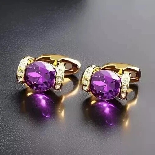 4CT Oval Lab Created Amethyst Men's Classic Cufflinks 14K Yellow Gold Plated - Picture 3 of 3